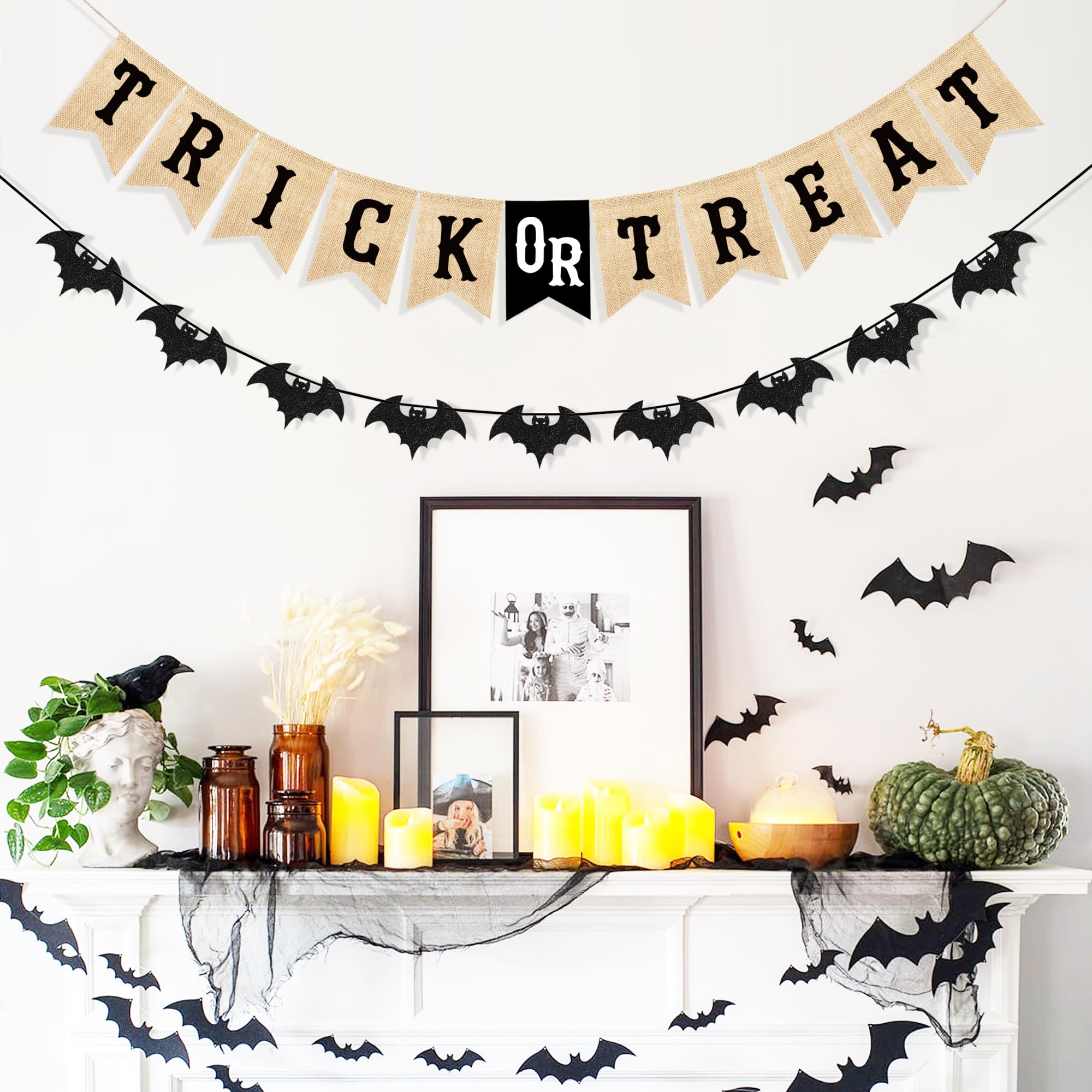 Uniwish Trick or Treat Burlap Banner Halloween Decorations for Mantel Fireplace Glitter Bat Garland Bunting Home Wall Decor Halloween Party Supplies