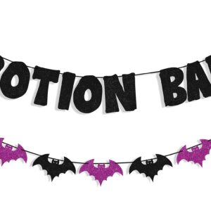 Uniwish Potion Bar Banner Black and Purple Bat Bunting Halloween Decorations Hocus Pocus Witches Party Supplies Decor Halloween Potion Bar Sign