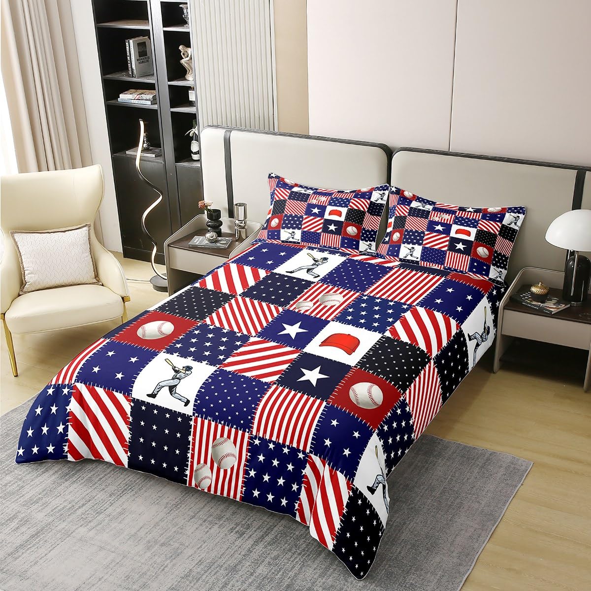 Castle Fairy Baseball Theme 100% Cotton Duvet Cover,Red Blue Geometric Stripe Check Breathable Comforter Cover,American Flag Stars Pattern Bedding Set 3 Pcs with Zipper Closure Queen Size