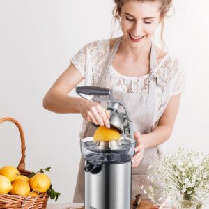 QCen Electric Citrus Juicer Squeezer, Electric Juicer for Orange, Lemon and Limes with Rubber Handle and Two Size Cones, Anti-Drip Spout, Easy to Clean and Use, BPA Free, Black/Stainless Steel