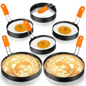 6 pcs professional egg ring pancake ring set stainless steel fried egg ring griddle pancake shapers with orange silicone handle for breakfast omelette sandwich (4, 6 inch)