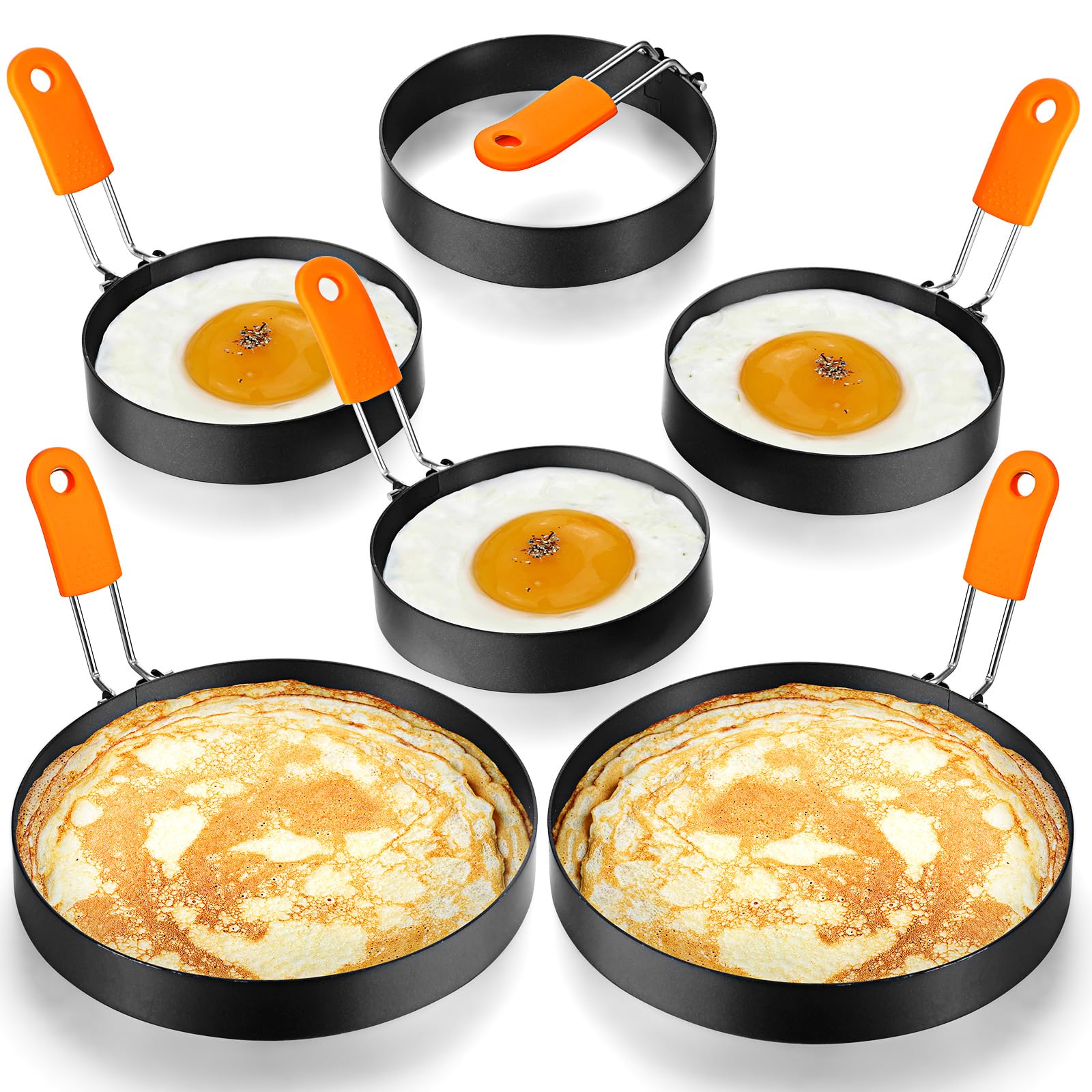 6 Pcs Professional Egg Ring Pancake Ring Set Stainless Steel Fried Egg Ring Griddle Pancake Shapers with Orange Silicone Handle for Breakfast Omelette Sandwich (4, 6 Inch)