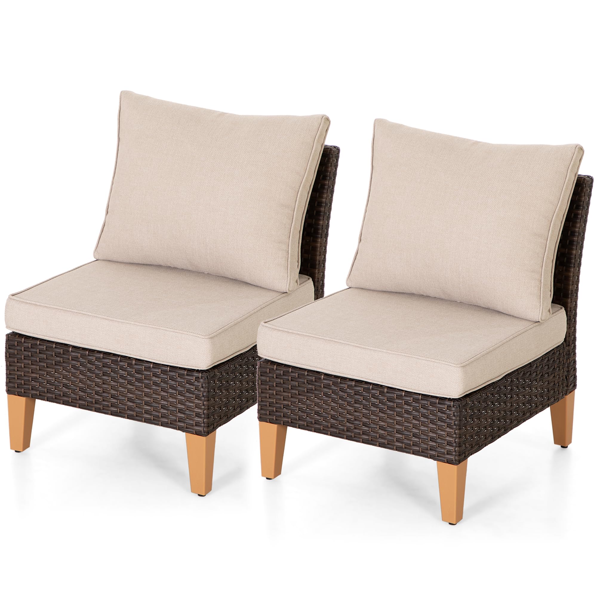 PHI VILLA Patio Furniture Sectional Sofa Set of 2 Seat Outdoor Wicker Couch Armless Sofa with Cushion for Front Porch, 2 x Armless Sofa, Beige