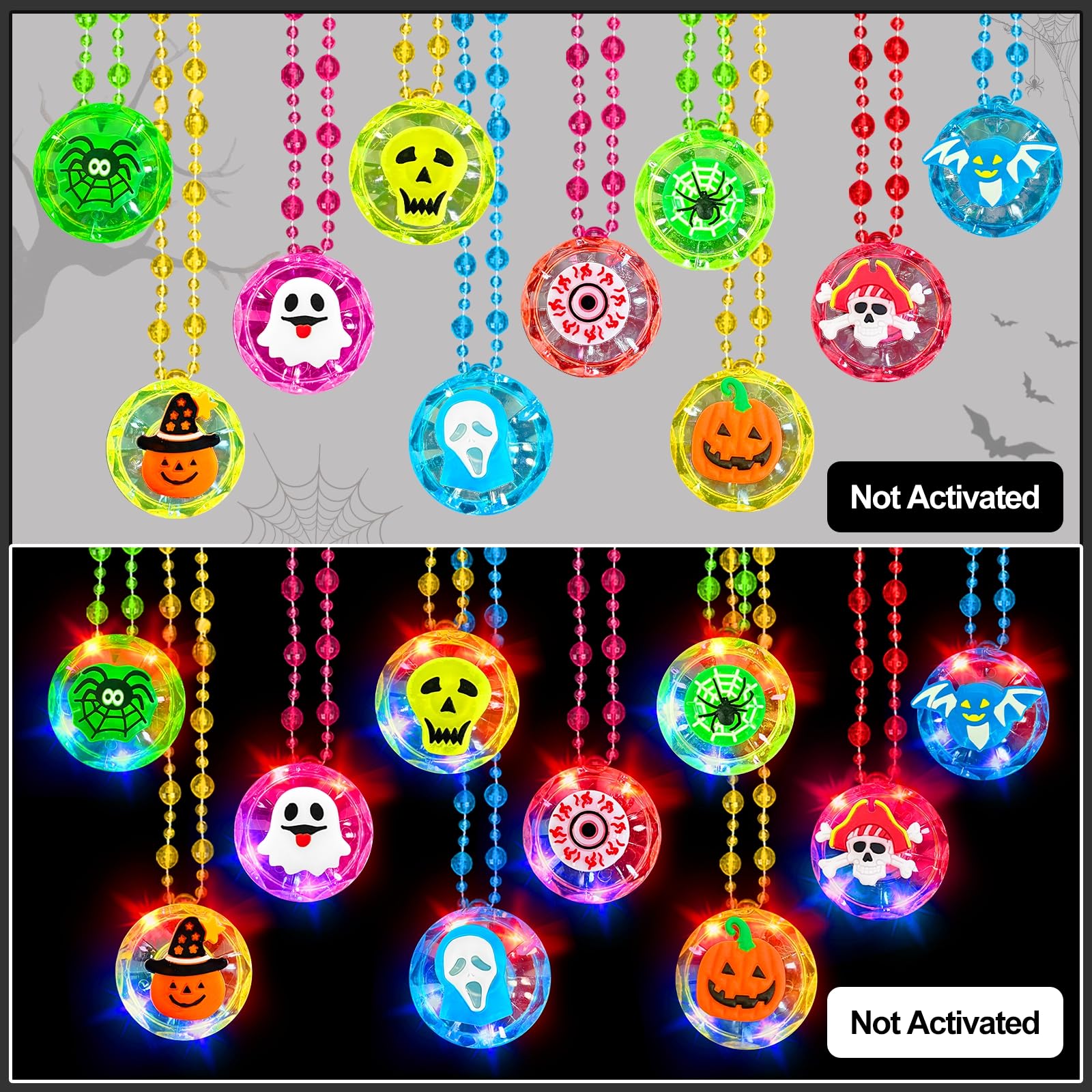 AMENON 20 Pcs Halloween Party Favors for Kids, 10 Styles LED Light Up Necklaces Halloween Toys Gifts Spider Ghost Glow in the Dark Trick or Treat Toys Party Supplies Halloween Treat Goodie Bag Fillers