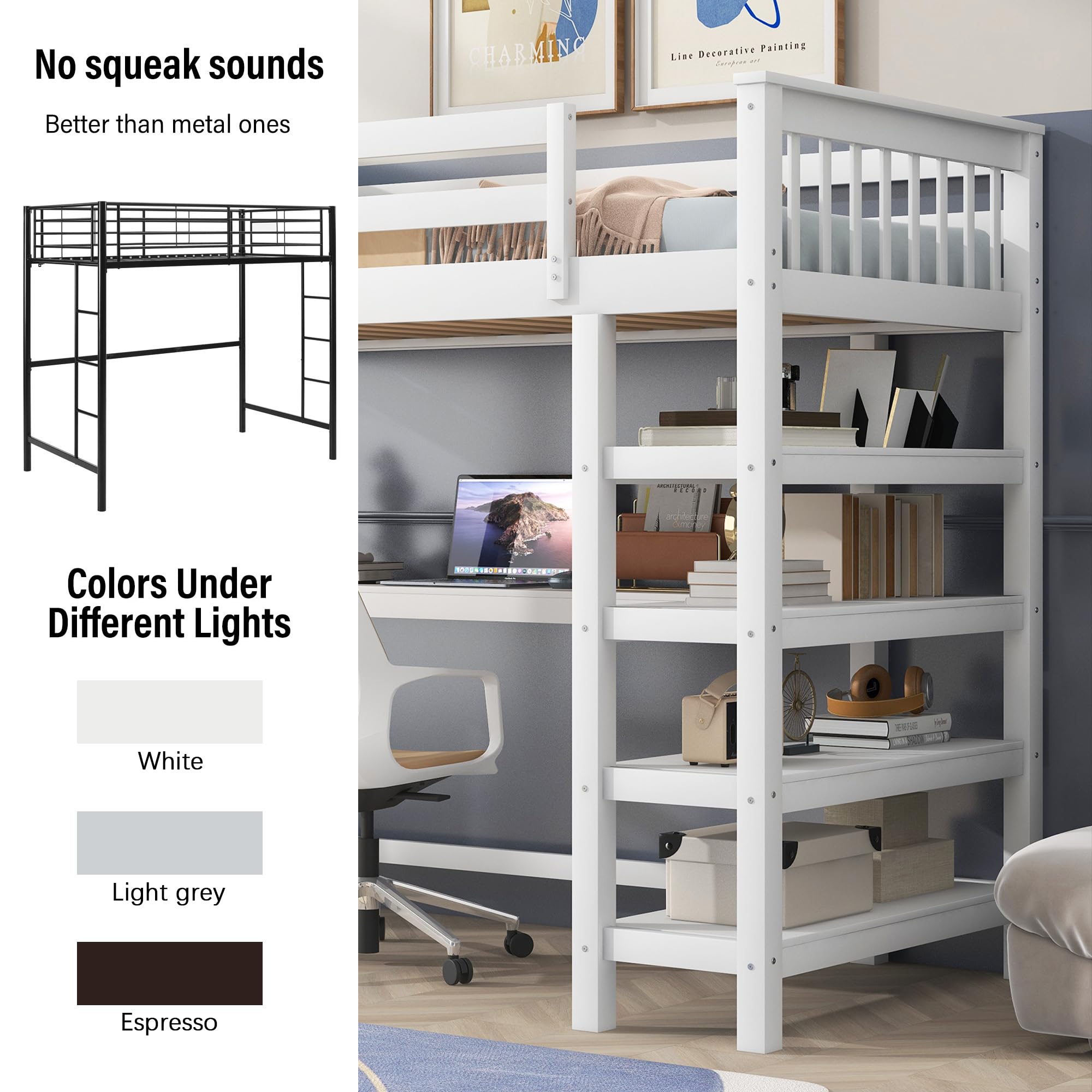 Merax Wood Loft Bed with Desk : Twin Size Loft Bed with 4-Storage Shelves and Under-Bed Desk Solid Wood Bed, White