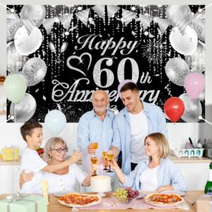 Rumia 60th Anniversary Decorations Black Silver Happy 60th Banner 60th Diamond Wedding for 60th Anniversary, Party 72.8x43.3 inches A818L1B1