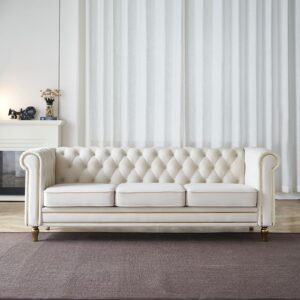 Neylory Modern Velvet Sofa Couch for Living Room,85 Inch 3 Seater Chesterfield Couches with Button Tufted Back and Roll Arms,Upholstered Sofas for Bedroom,Apartment,Office Beige