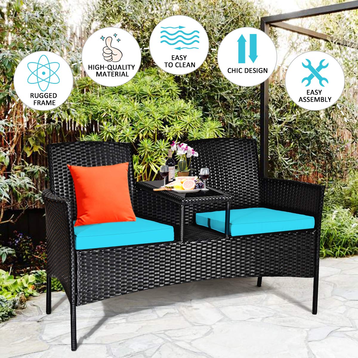 COSTWAY 2-Seat Patio Conversation Sets, Outdoor Patio Loveseat Set with Removable Cushions & Built-in Coffee Table for Backyard, Garden, Lawn, Balcony, Black+Turquoise