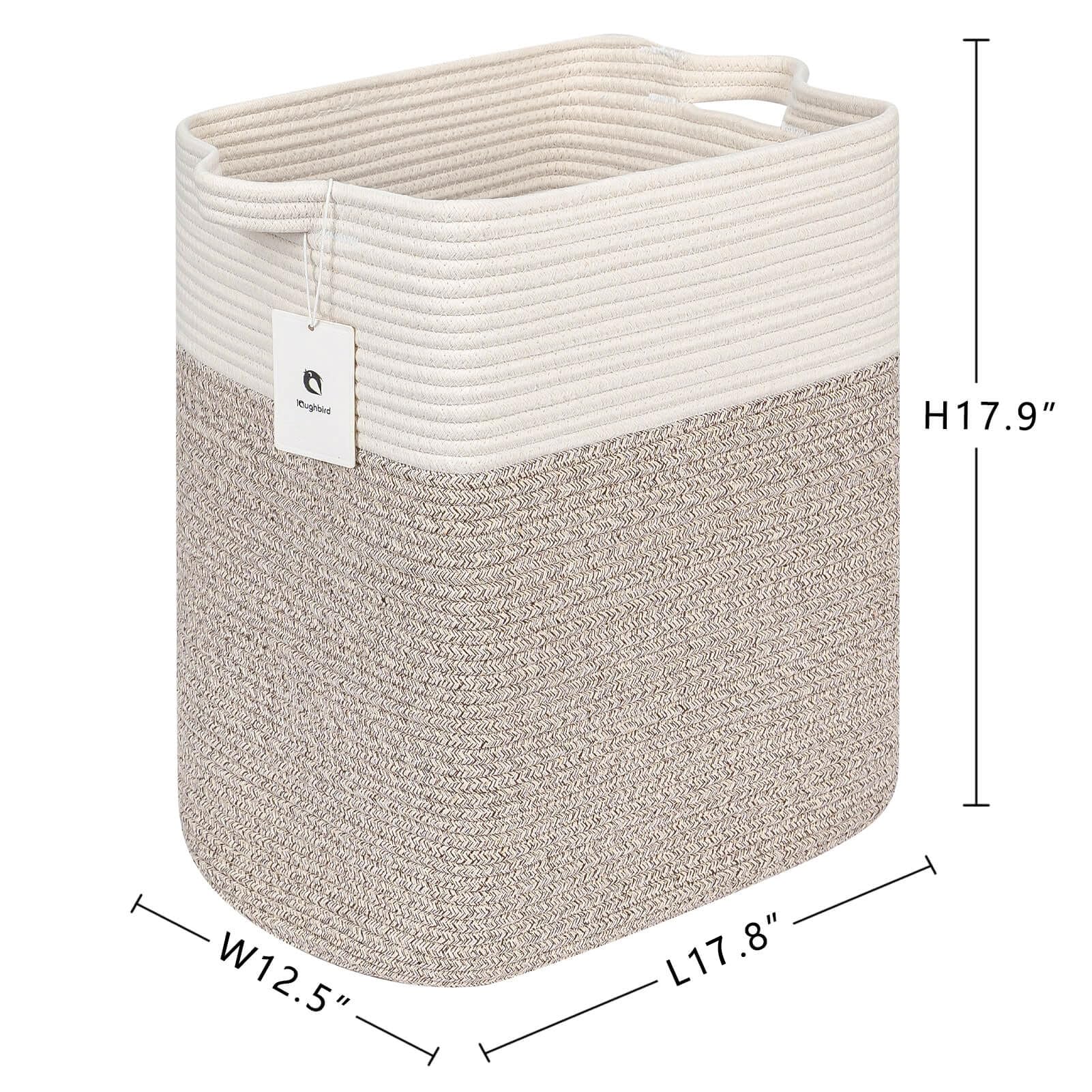 Laughbird Extra Large Tall Basket Folding Bamboo Rectangle Handle Bins With Handle, Bathroom Dirty Clothes Basket, Bedroom, Toy, Pillows, Closet Organizer White Brown Collapsible Laundry Baskets