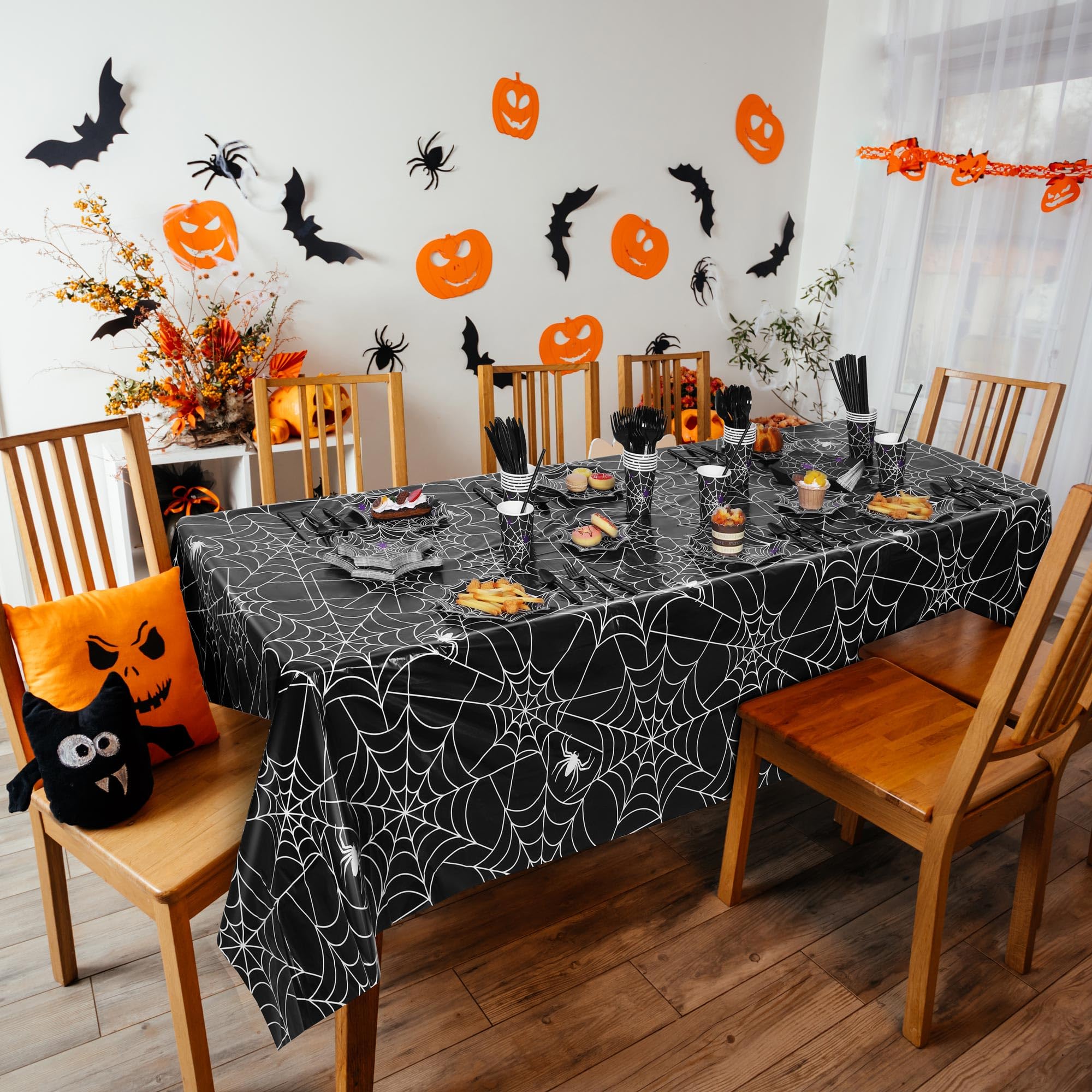 durony 201 Pieces Halloween Spider Web Party Supplies Tableware Set Including Halloween Spiderweb Disposable Paper Plates Cups Napkins Knives Forks Spoons Straws Tablecloth Serves for 25