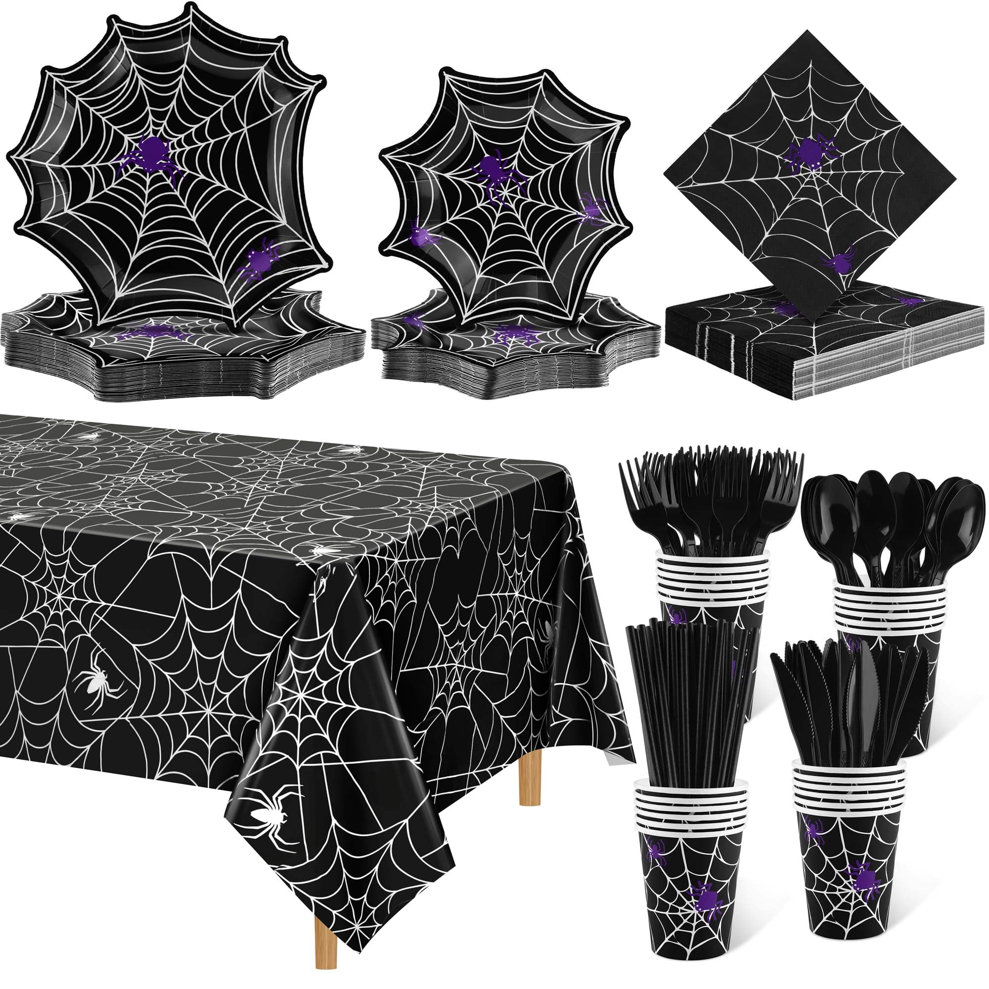 durony 201 Pieces Halloween Spider Web Party Supplies Tableware Set Including Halloween Spiderweb Disposable Paper Plates Cups Napkins Knives Forks Spoons Straws Tablecloth Serves for 25