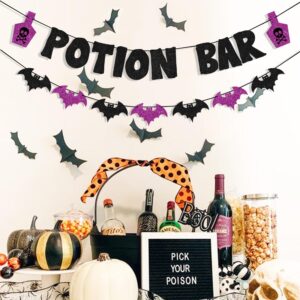 Uniwish Potion Bar Banner Black and Purple Bat Bunting Halloween Decorations Hocus Pocus Witches Party Supplies Decor Halloween Potion Bar Sign