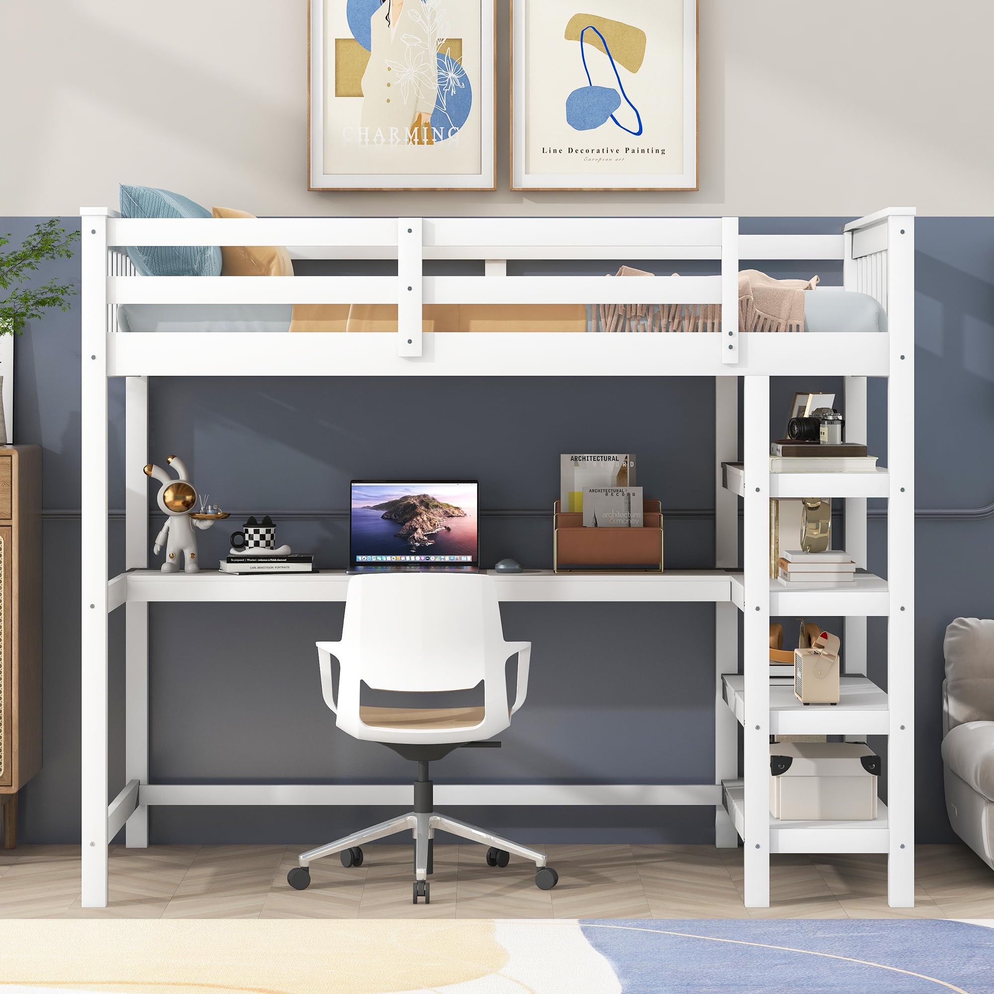 Merax Wood Loft Bed with Desk : Twin Size Loft Bed with 4-Storage Shelves and Under-Bed Desk Solid Wood Bed, White