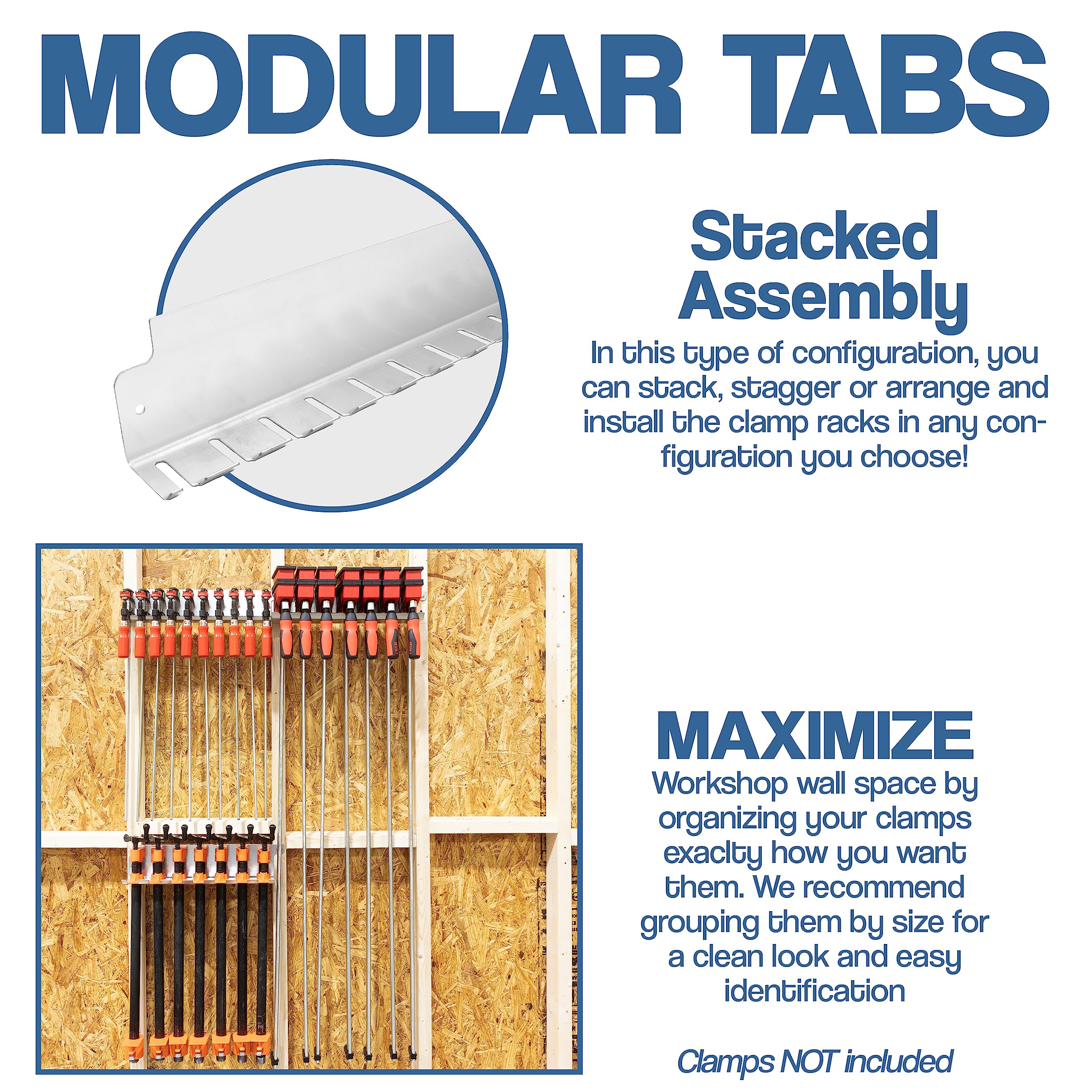 Fulton Woodworking Tools Modular Clamp Rack Assortment with 1 Each F-Clamp Rack •1 Each Bar/Parallel Clamp Rack and 1 Each Pipe Clamp Rack Included, Quick to Align •Pre-Drilled 16 inch on Center