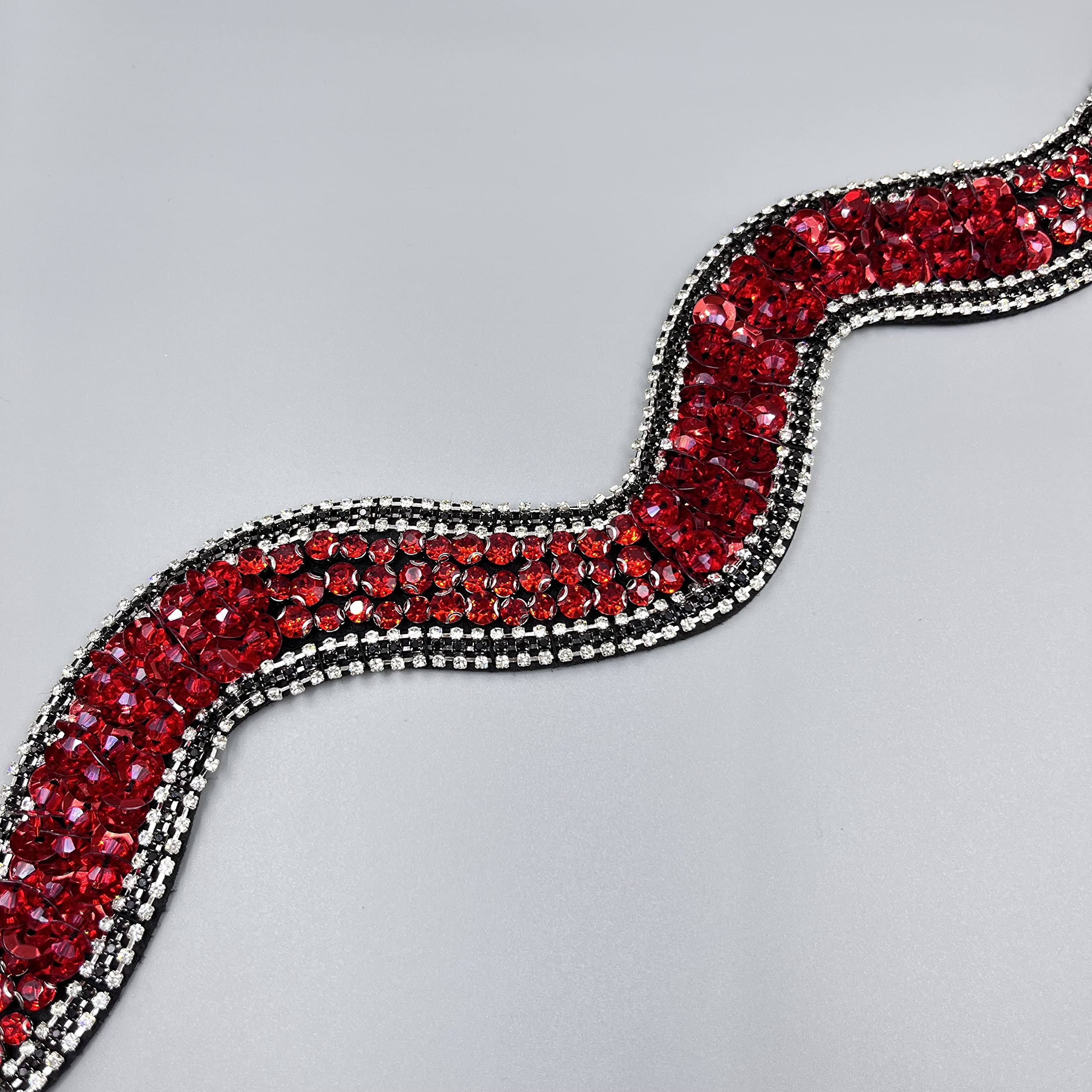 18" Large Sparkle Rhinestones and Sequin Red Snake Shaped Patches Applique Trim Ribbon for Outfit Pack of 3