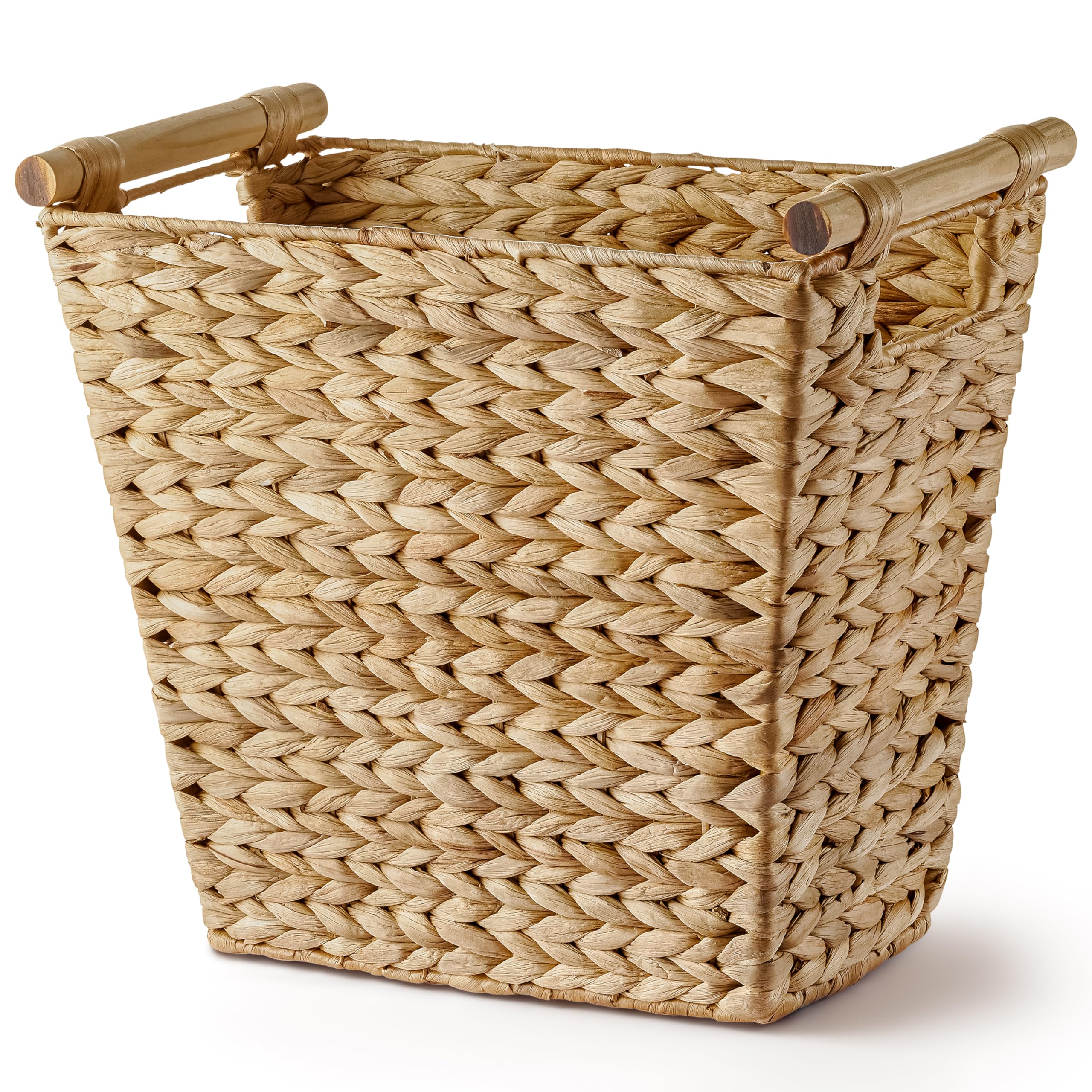 Wicker Waste Basket - Trash Basket with Wooden Built-in Handles - Wastebaskets for Bedroom, Bathroom, Kitchen, Living Room, Office - Handwoven Trash Cans for Under Sink, Garbage Can (Water Hyacinth)