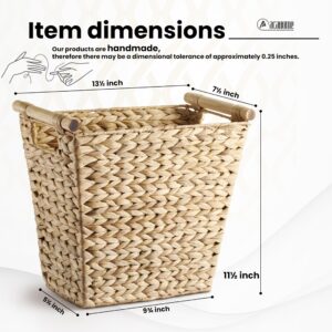 Wicker Waste Basket - Trash Basket with Wooden Built-in Handles - Wastebaskets for Bedroom, Bathroom, Kitchen, Living Room, Office - Handwoven Trash Cans for Under Sink, Garbage Can (Water Hyacinth)