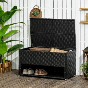 Outsunny Outdoor Deck Box and Shoe Storage, PE Rattan Wicker Towel Rack with Liner for Indoor, Outdoor, Patio Furniture Cushions, Pool, Toys, Garden Tools, Black