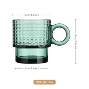 Joeyan Green Glass Coffee Mugs with Handle,Stackable Glass Coffee Cups with Diamond Design,Embossed Drinking Glasses for Espresso Cappuccino Latte Tea Milk,10 oz,Set of 4,Dishwasher Safe