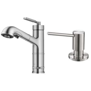 kraus allyn pull-out single handle kitchen faucet in spot-free stainless steel, kpf-4103sfs & kitchen soap and lotion dispenser in spot free stainless steel, ksd-43sfs