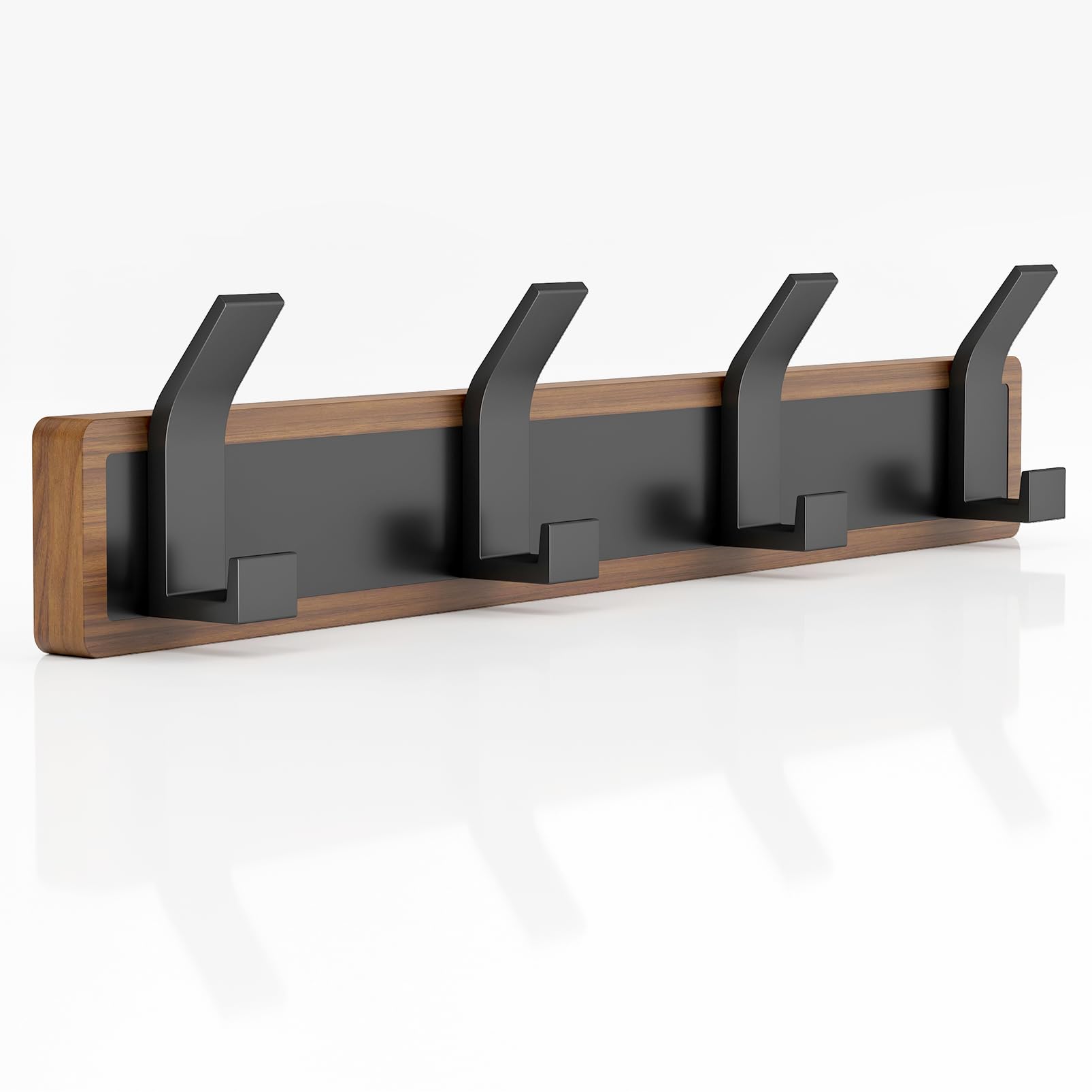 FATASTY Coat Rack Wall Mount-Solid Walnut Wall Coat Rack with 4 Black Aluminum Wall Hooks for Hanging Coats, Backpacks, Bags, Towels. Coat Hooks Wall Mount for Entryway, Bathroom, Bedroom