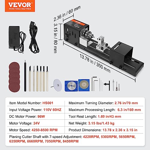 VEVOR Mini Lathe Machine, 2.76 in x 6.3 in, 24VDC 96W Mini Wood Lathe Tools Milling Machine Accessories, 7 Speeds 4220/5300/5650/6350/6660/7050/8450 RPM, for DIY Woodworking Wood Drill Rotary Tool