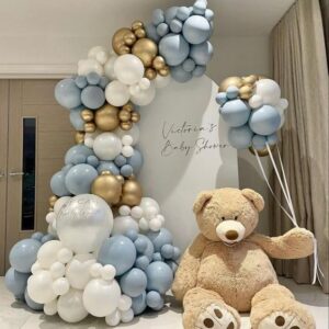 130pcs Dusty Blue Balloons Garland Kit, Fog Blue Royal Blue Pastel Blue Sand White Metallic Gold latex Balloons for Boy Baby Shower Bridal Shower Wedding Anniversary Birthday Party