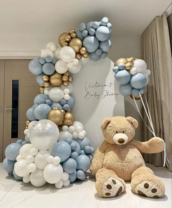 130pcs Dusty Blue Balloons Garland Kit, Fog Blue Royal Blue Pastel Blue Sand White Metallic Gold latex Balloons for Boy Baby Shower Bridal Shower Wedding Anniversary Birthday Party