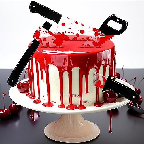 Huray Rayho Blood Splatter Knife Cake Toppers Horror Halloween Acrylic Cake Decorations for Spooky Killer Birthday Party Supplies Set of 4 Scary Crime Scene Decorations