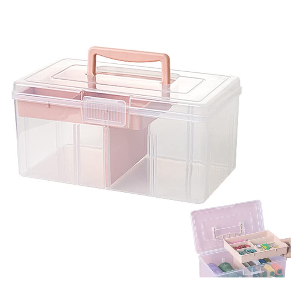 FOREVERIE Clear Plastic Office Supply Art & Craft Storage Box, Sewing Box Organiser Large with a Removable Tray & Adjustable Partition, Portable Travel Makeup Case (Clear & pink)