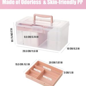 FOREVERIE Clear Plastic Office Supply Art & Craft Storage Box, Sewing Box Organiser Large with a Removable Tray & Adjustable Partition, Portable Travel Makeup Case (Clear & pink)