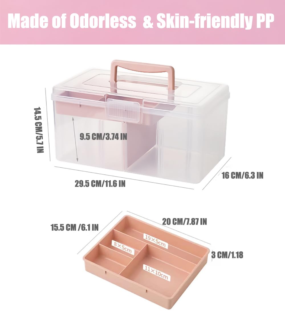 FOREVERIE Clear Plastic Office Supply Art & Craft Storage Box, Sewing Box Organiser Large with a Removable Tray & Adjustable Partition, Portable Travel Makeup Case (Clear & pink)