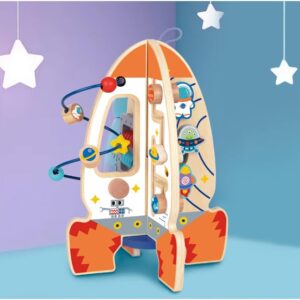 D DAKIN Rocket Toddler Wooden Activity Center Activity Cube Stand for 1 Year Old Boy Toys, Sensory and Educational Great First Birthday Gifts for Boys