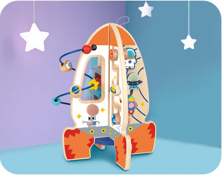 D DAKIN Rocket Toddler Wooden Activity Center Activity Cube Stand for 1 Year Old Boy Toys, Sensory and Educational Great First Birthday Gifts for Boys