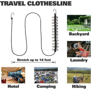 LUKEYLAND Portable Travel Clothesline,Adjustable Elastic Travel Camping Clothes line with 12 PCS Clips and 14 Positioning Clasp Windproof Clothesline Travel Camp（2pcs）