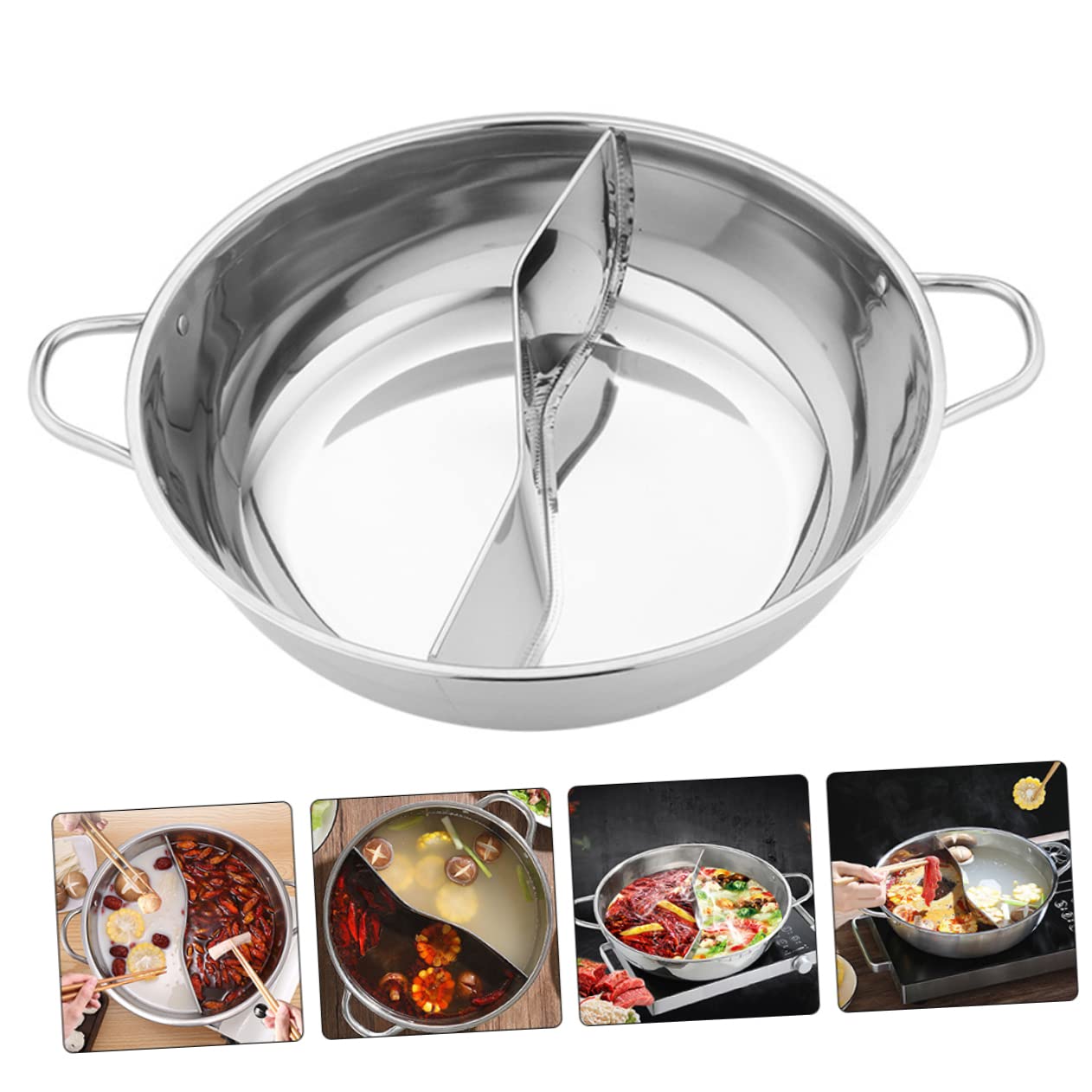 Stainless Steel Mandarin Pot Wok Pan with Lid Nonstick Cookware Ramen Hot Pot Chinese Divided Hotpot Divided Hotpot Pot Shabu Hot Pot Silver Practical Hot Pot Soup Pot Split