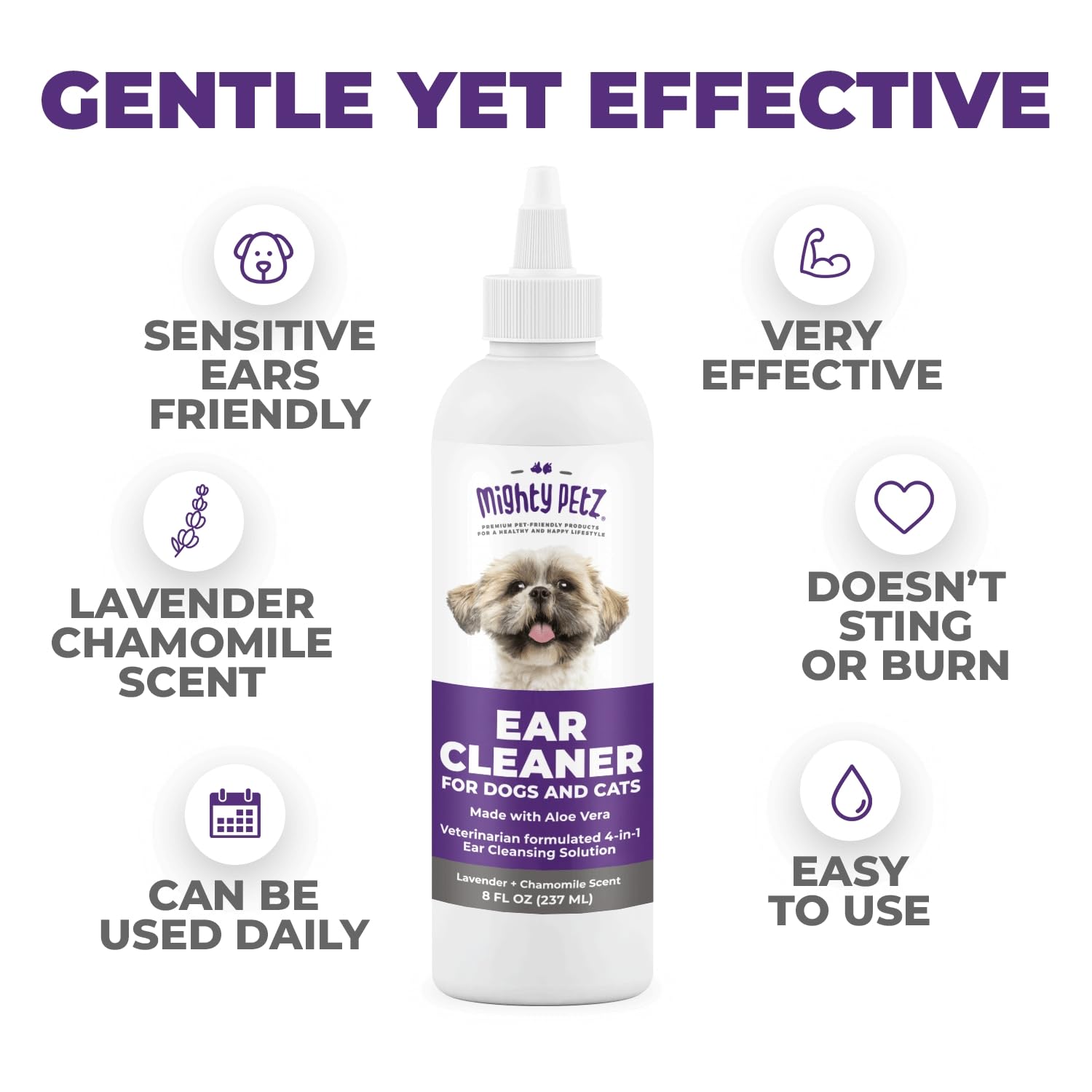 Mighty Petz Dog Ear Cleaner – Pet Ear Wash to Support Itchy, Infection Prone Ears, Yeast and Wax. Advanced & Gentle Otic Cleaning Solution. Ear Drops for Dogs and Cats - 8 oz