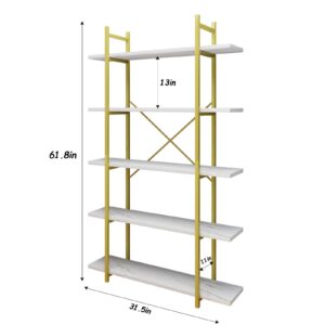 Azheruol 5 Tiers Bookshelf Organizer White Faux Marble Shelf,Modern Open Display Storage Bookcase, and Metal Bookshelf Standing Storage Shelf Tall Shelving Units for Home Office Study