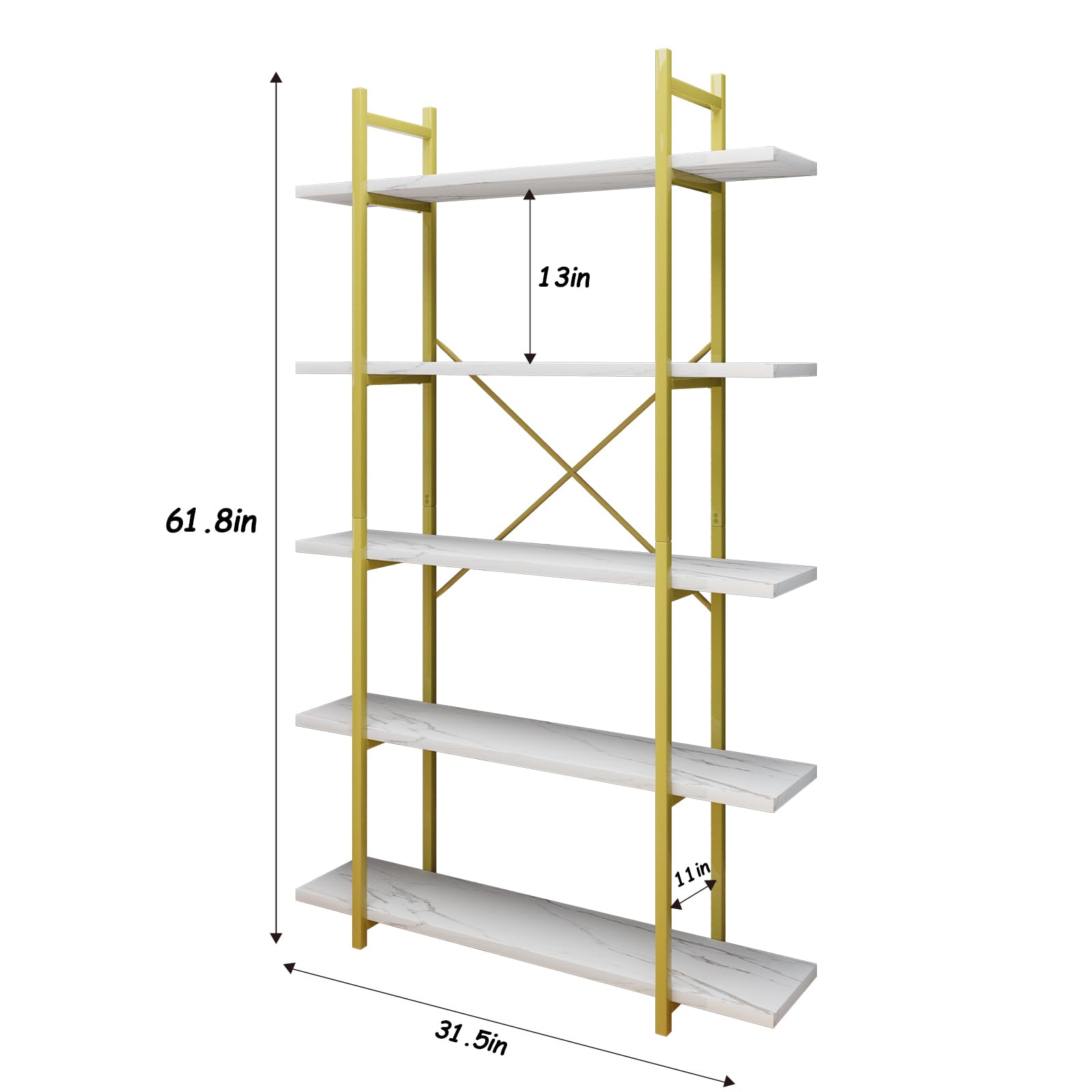 Azheruol 5 Tiers Bookshelf Organizer White Faux Marble Shelf,Modern Open Display Storage Bookcase, and Metal Bookshelf Standing Storage Shelf Tall Shelving Units for Home Office Study