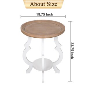 COVLON Farmhouse End Table, Wooden Round Side Table, 2 Tiers Accent Table for Family, Living Room or Small Spaces, Concave Legs, White and Brown