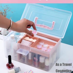 FOREVERIE Clear Plastic Office Supply Art & Craft Storage Box, Sewing Box Organiser Large with a Removable Tray & Adjustable Partition, Portable Travel Makeup Case (Clear & pink)