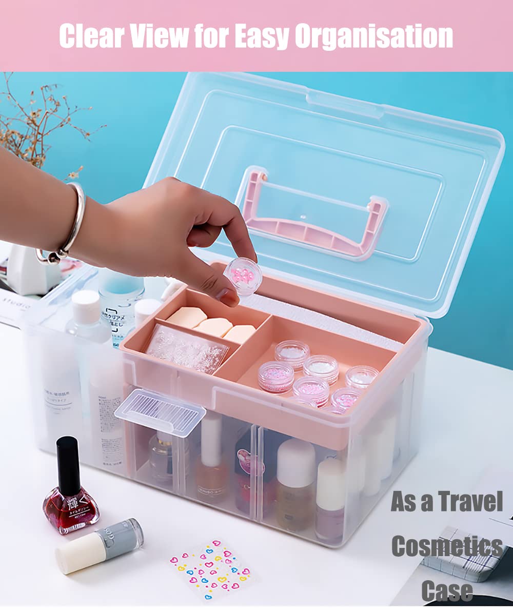 FOREVERIE Clear Plastic Office Supply Art & Craft Storage Box, Sewing Box Organiser Large with a Removable Tray & Adjustable Partition, Portable Travel Makeup Case (Clear & pink)