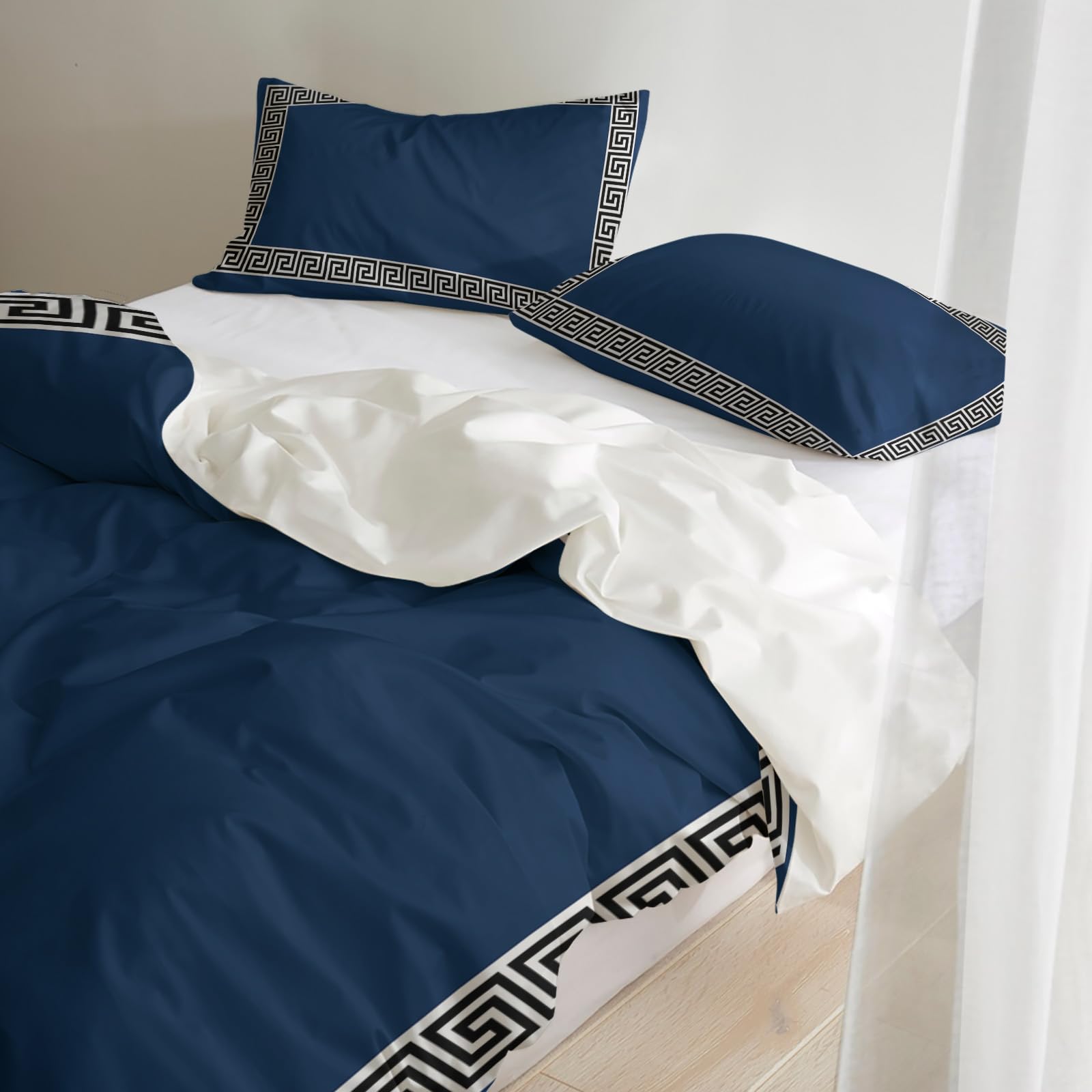 LooPoP Comforter Sets Queen Size Geometric Greek Key Design Soft Bedding Duvet Cover Sets 3 Pieces Navy Blue Bedding Set with Comforter Quilt Cover and 2 Pillow Cases Bedroom Decor