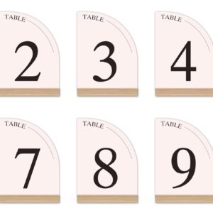 Hanna Roberts Minimal Curved Wooden Table Number Sign with Wooden Base | For Wedding Reception, Restaurants, Rehearsal Dinner, Events and Party (Set of 10, 1-10) (Set of 10, 1-10, Pink)