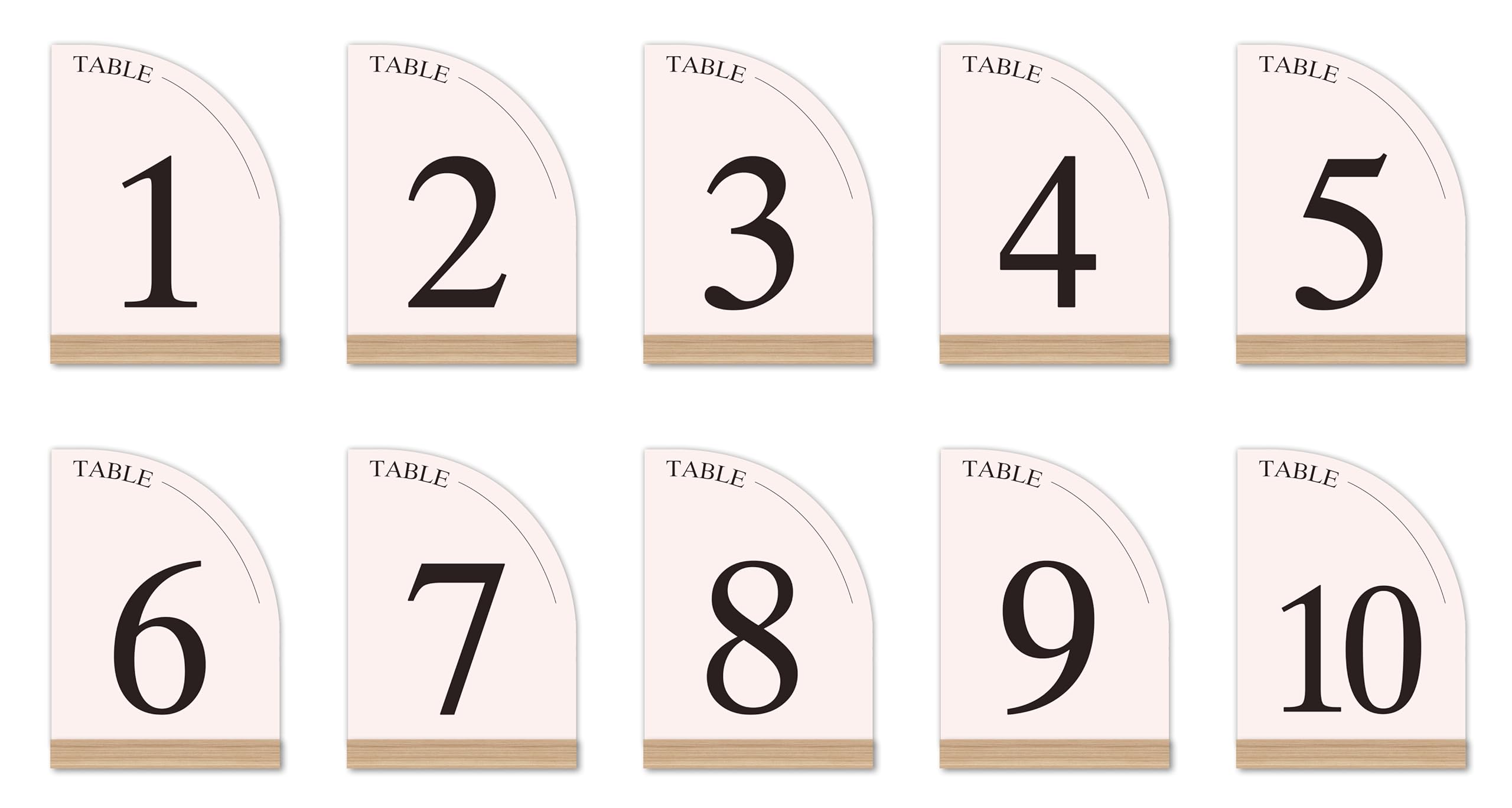 Hanna Roberts Minimal Curved Wooden Table Number Sign with Wooden Base | For Wedding Reception, Restaurants, Rehearsal Dinner, Events and Party (Set of 10, 1-10) (Set of 10, 1-10, Pink)