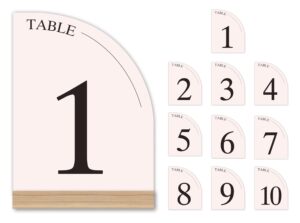 hanna roberts minimal curved wooden table number sign with wooden base | for wedding reception, restaurants, rehearsal dinner, events and party (set of 10, 1-10) (set of 10, 1-10, pink)