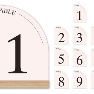 Hanna Roberts Minimal Curved Wooden Table Number Sign with Wooden Base | For Wedding Reception, Restaurants, Rehearsal Dinner, Events and Party (Set of 10, 1-10) (Set of 10, 1-10, Pink)