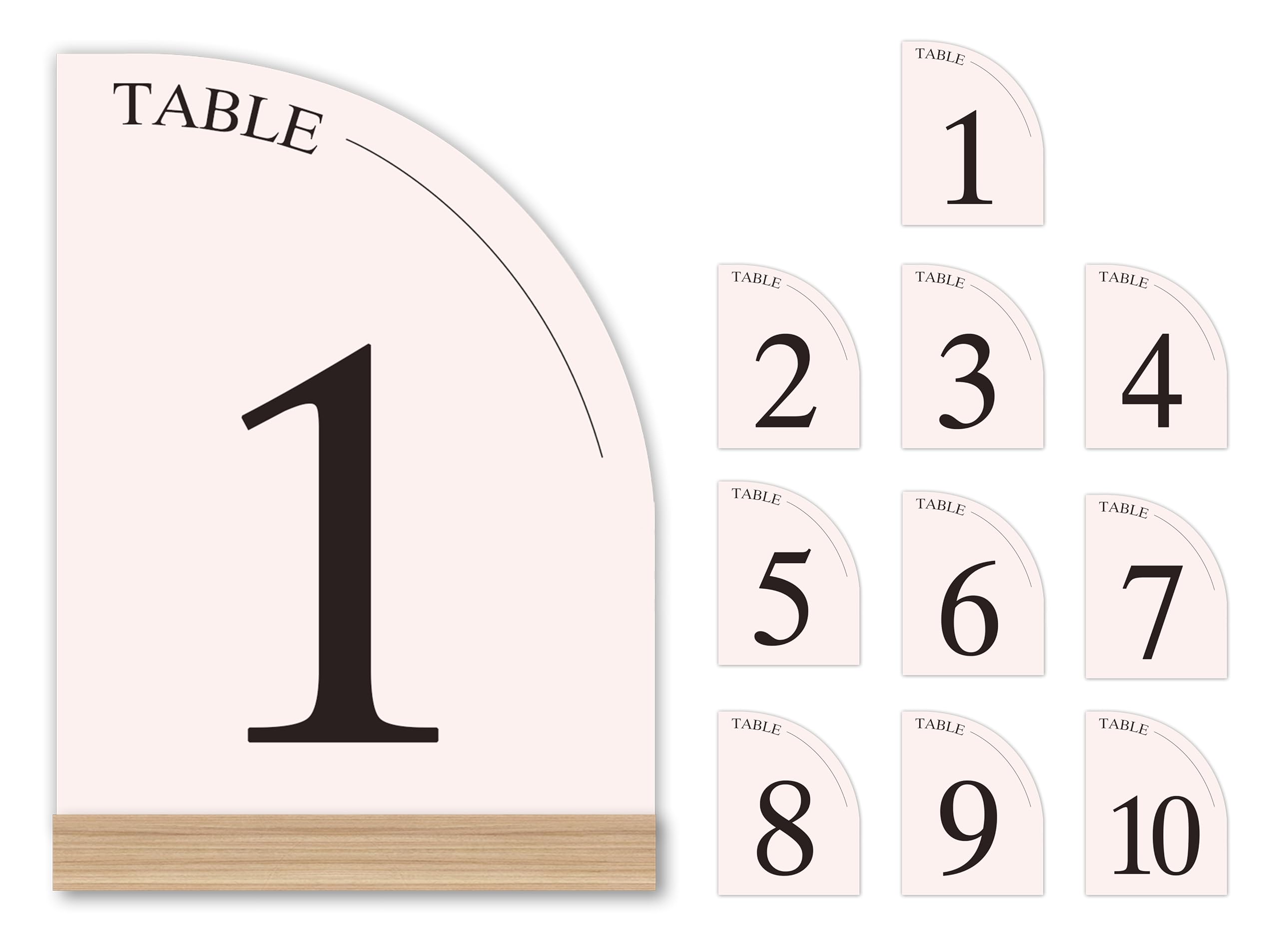 Hanna Roberts Minimal Curved Wooden Table Number Sign with Wooden Base | For Wedding Reception, Restaurants, Rehearsal Dinner, Events and Party (Set of 10, 1-10) (Set of 10, 1-10, Pink)