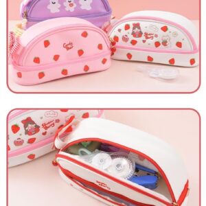 JHTPSLR Large Kawaii Pencil Pouch Cute Preppy Pencil Pouch Bowknot Strawberry Bear Love Hearts Aesthetic Pencil Case PU Waterproof Pen Bags Stationery Storage Organizer Supplies (White Strawberry)