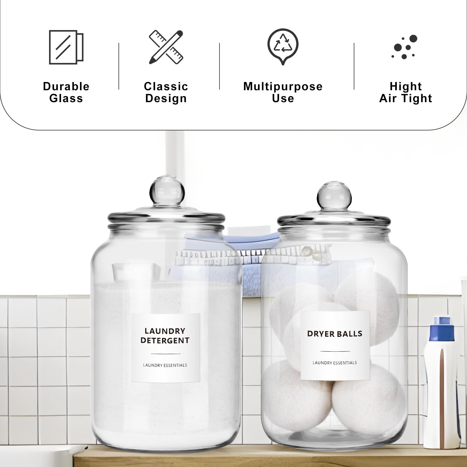 Glass Jars for Laundry Room Organization - 2 Pack, 0.8 Gallon Glass Containers with Lids, Perfect for Dryer Sheets, Laundry Pods, Scent Boosters, and more - Convenient Laundry Room Storage Solution